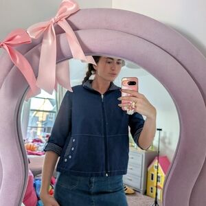 Nautical Navy Bomber Jacket with Striped Accents Size 8